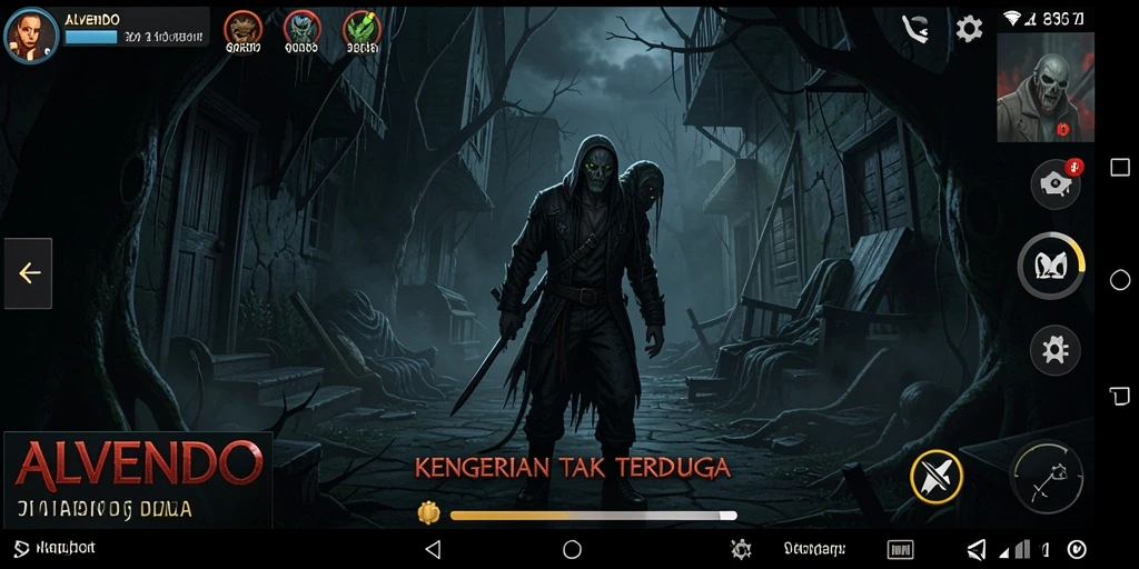 Screenshot gameplay ALVENDO dengan suasana kegelapan yang menakutkan.