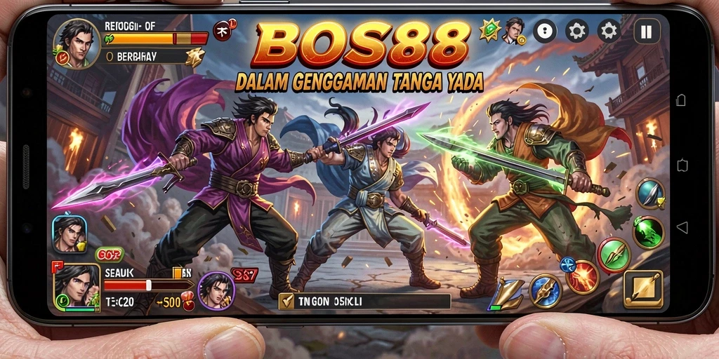 Tampilan screenshot BOS88 menampilkan pertarungan dramatis antara karakter yang penuh aksi.