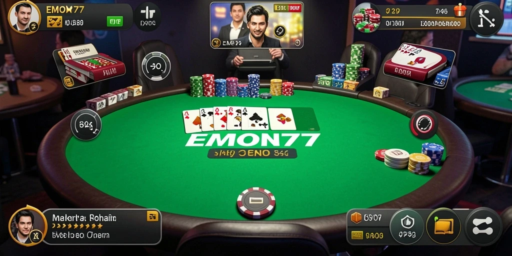 Tampilan gameplay Poker yang seru dan mendebarkan di EMON77.