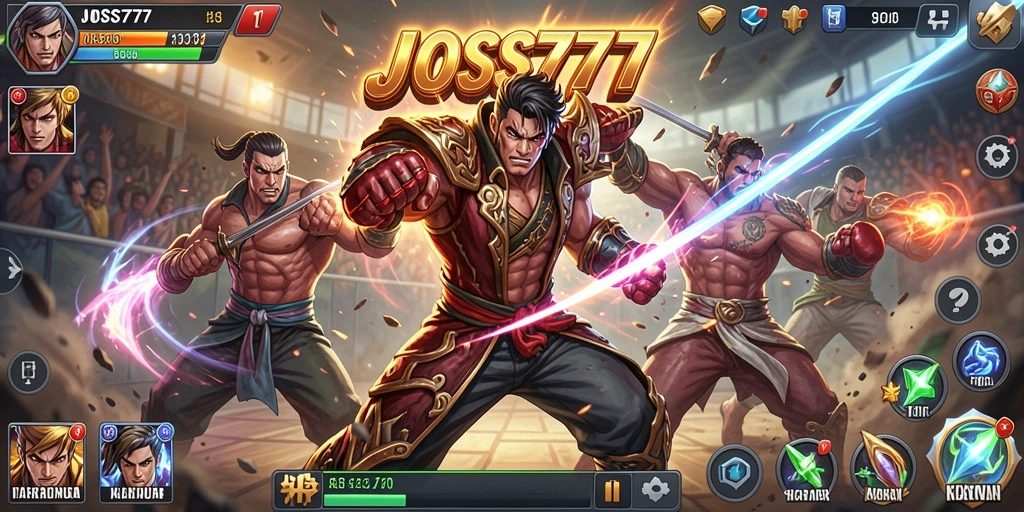 Screenshot utama JOSS777 menampilkan aksi pertarungan yang mendebarkan.