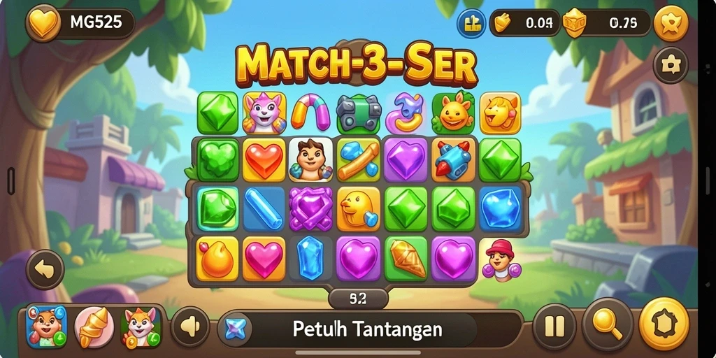 Screenshot gameplay MG525 menampilkan aksi mencocokkan blok warna-warni.
