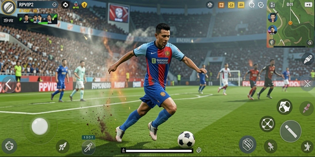 Tangkapan layar RPVIP2 menampilkan aksi pertandingan sepak bola yang mendebarkan.