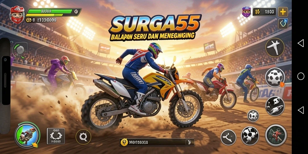 Tangkapan layar utama <strong>SURGA55</strong> menampilkan aksi balap yang mendebarkan dan intens.