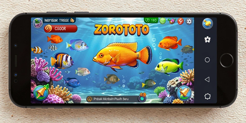 Screenshot permainan ZOROTOTO menampilkan aksi menembak ikan yang mendebarkan.